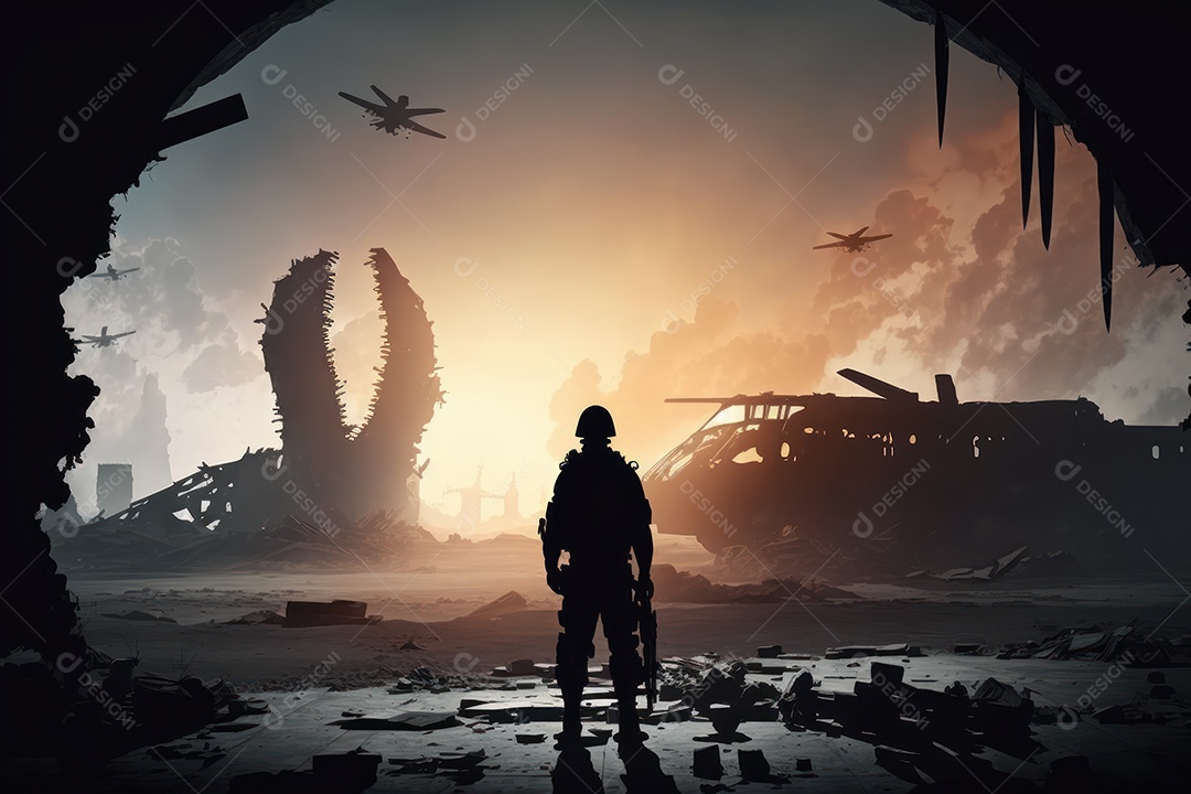 Ruínas de uma cidade totalmente destruída durante a Terceira Guerra Mundial Nuclear, fundo nebuloso do céu