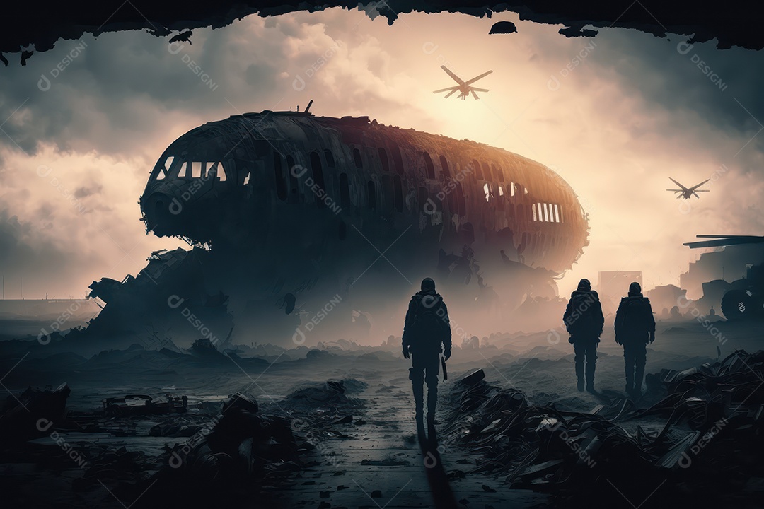 Ruínas de uma cidade totalmente destruída durante a Terceira Guerra Mundial Nuclear, fundo nebuloso do céu