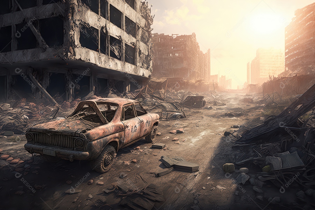 Ruínas de uma cidade totalmente destruída durante a Terceira Guerra Mundial Nuclear, fundo nebuloso do céu