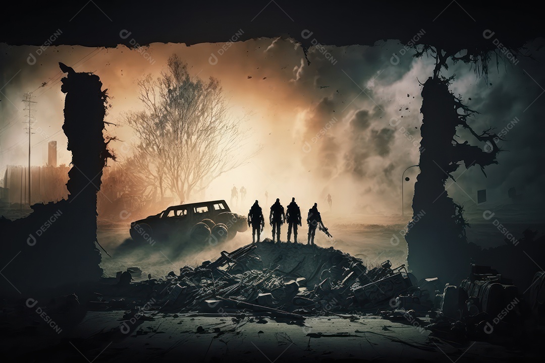 Ruínas de uma cidade totalmente destruída durante a Terceira Guerra Mundial Nuclear, fundo nebuloso do céu