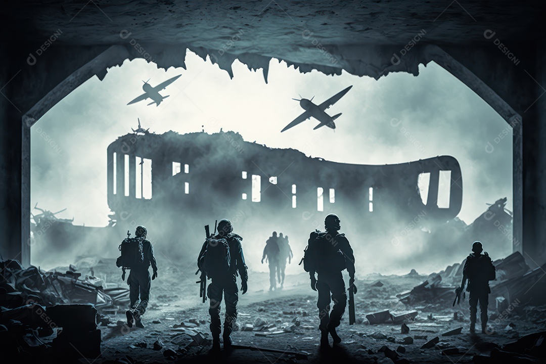 Ruínas de uma cidade totalmente destruída durante a Terceira Guerra Mundial Nuclear, fundo nebuloso do céu