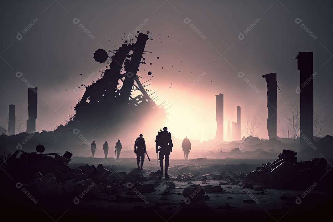 Ruínas de uma cidade totalmente destruída durante a Terceira Guerra Mundial Nuclear, fundo nebuloso do céu