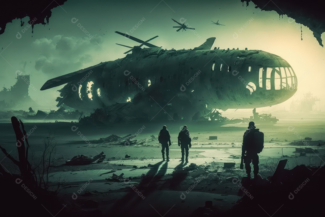 Ruínas de uma cidade totalmente destruída durante a Terceira Guerra Mundial Nuclear, fundo nebuloso do céu