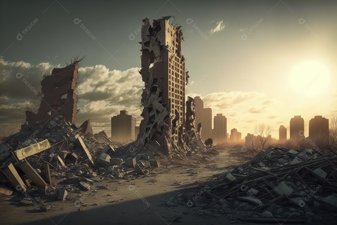 Ruínas de uma cidade totalmente destruída durante a Terceira Guerra Mundial Nuclear, fundo nebuloso do céu