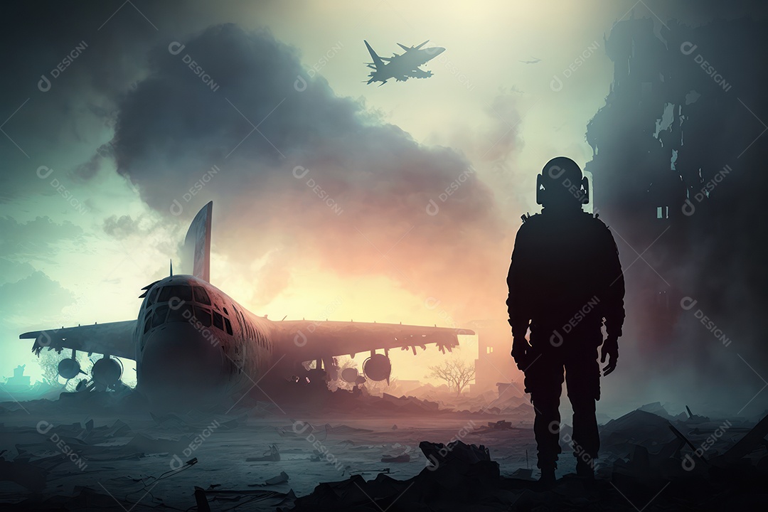 Ruínas de uma cidade totalmente destruída durante a Terceira Guerra Mundial Nuclear, fundo nebuloso do céu