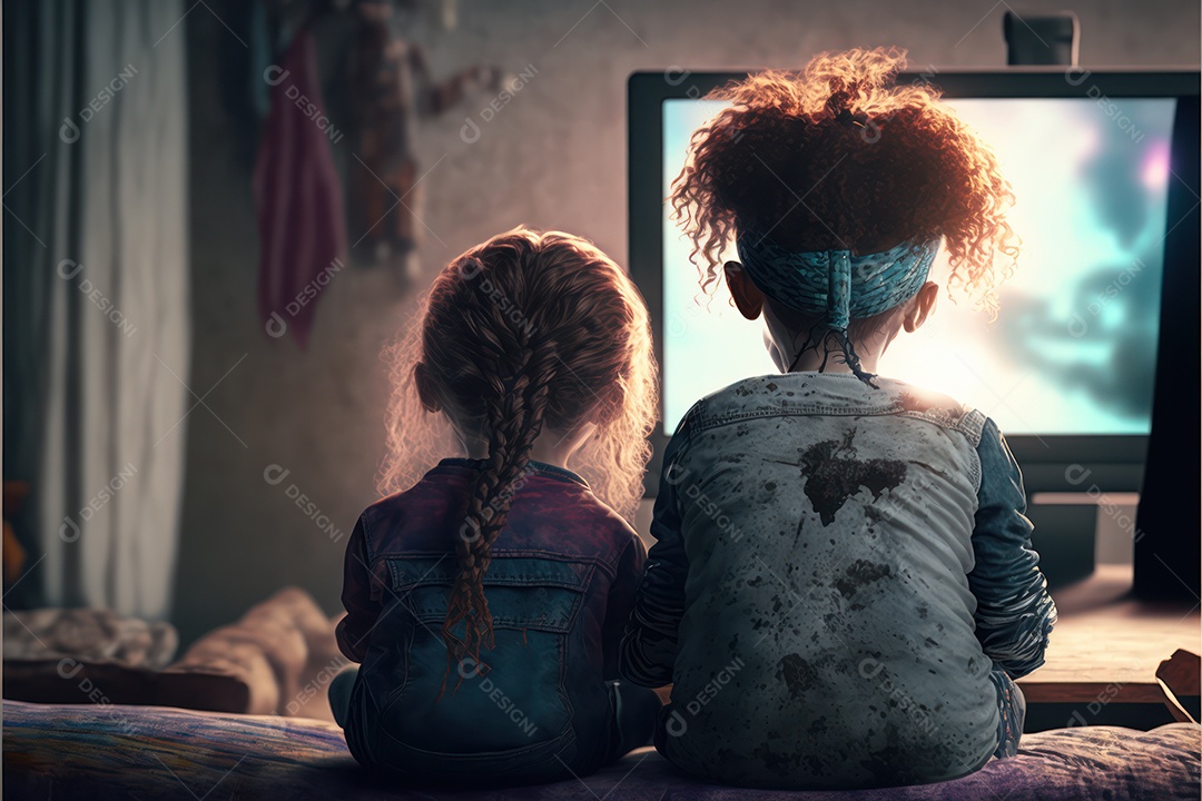 Crianças jogando videogame futurista sem fio e dispositivo emulador portátil na frente da televisão LED