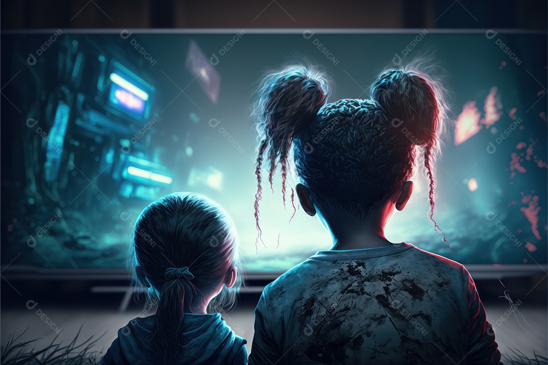 Crianças jogando videogame futurista sem fio e dispositivo emulador portátil na frente da televisão LED