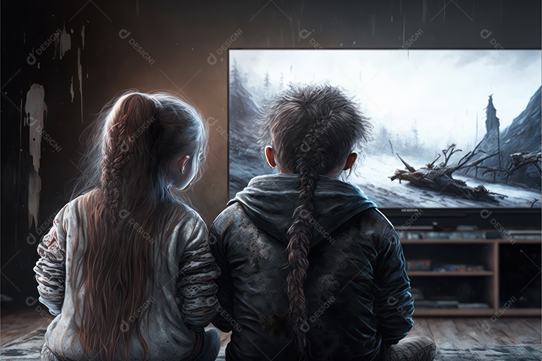 Crianças jogando videogame futurista sem fio e dispositivo emulador portátil na frente da televisão LED