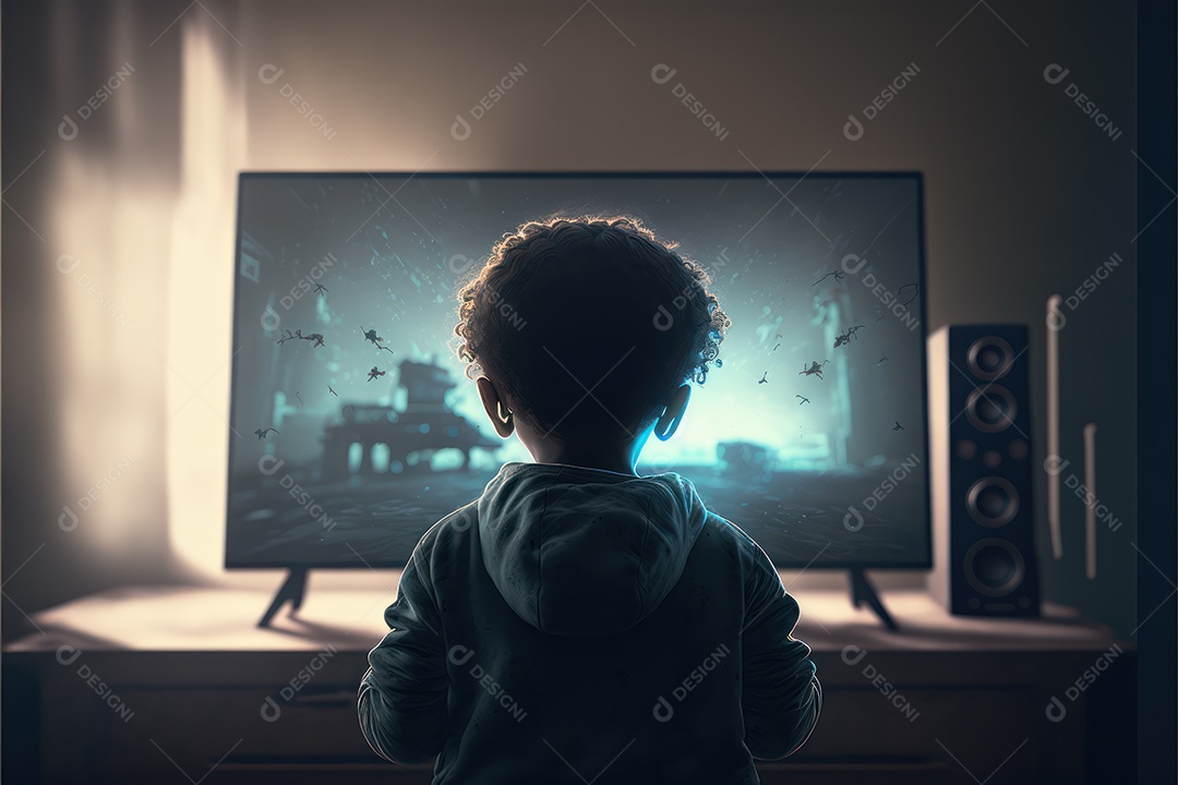 Crianças jogando videogame futurista sem fio e dispositivo emulador portátil na frente da televisão LED