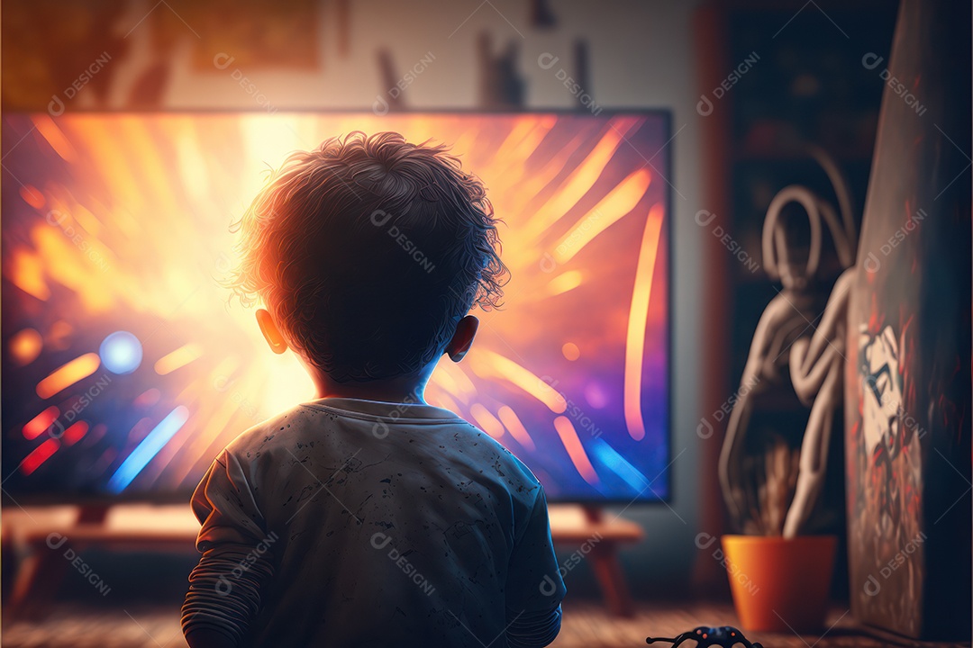 Crianças jogando videogame futurista sem fio e dispositivo emulador portátil na frente da televisão LED