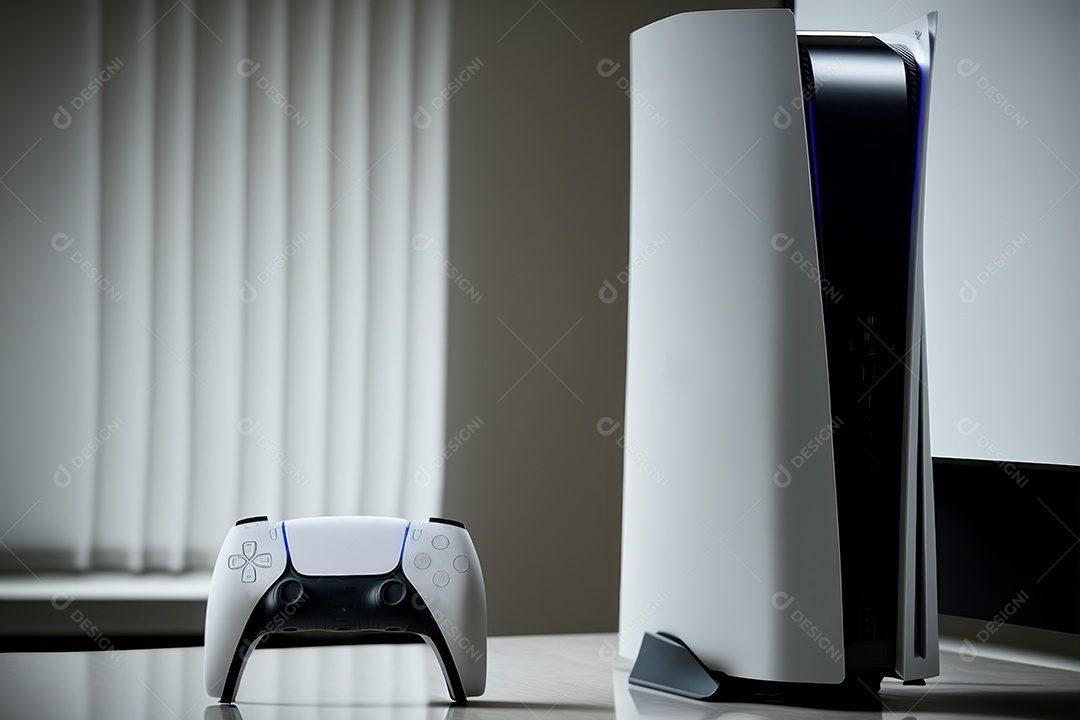 Console de videogame e controlador de videogame Joystick sem fio de nova geração na mesa na sala. renderização 3D