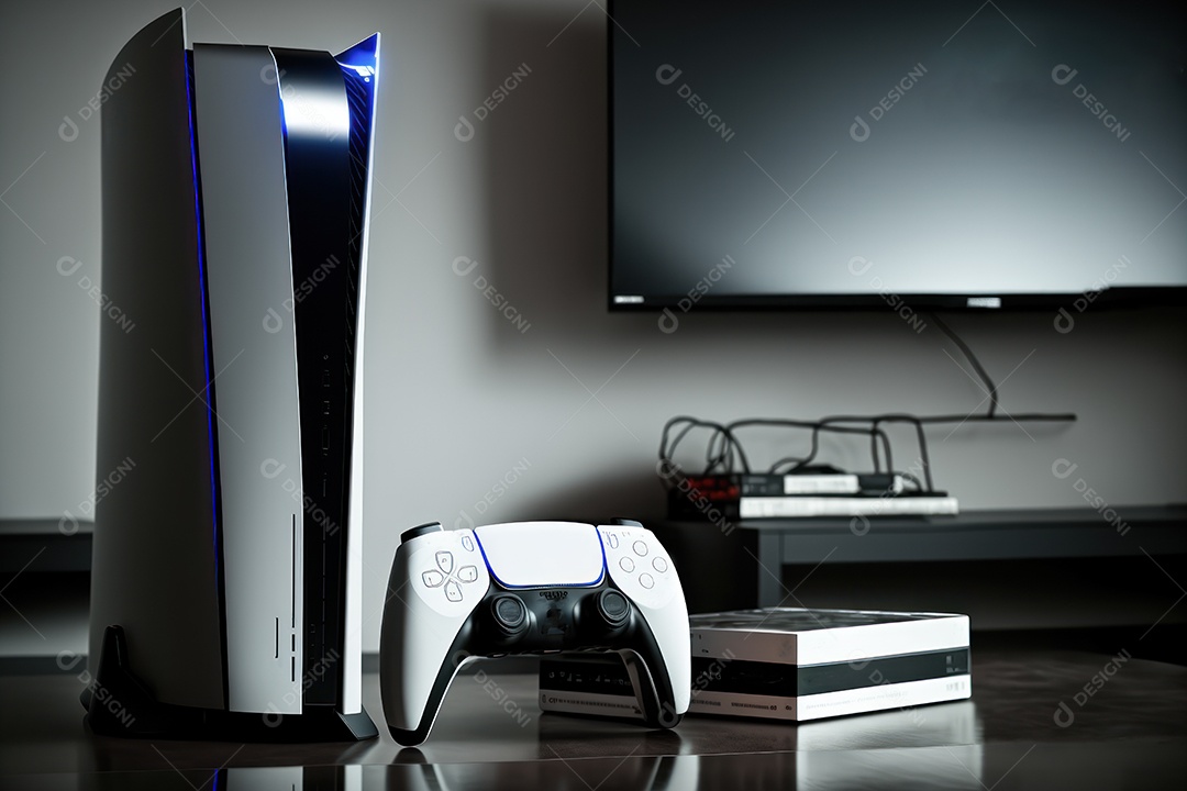 Console de videogame e controlador de videogame Joystick sem fio de nova geração em fundo infinito. renderização 3D