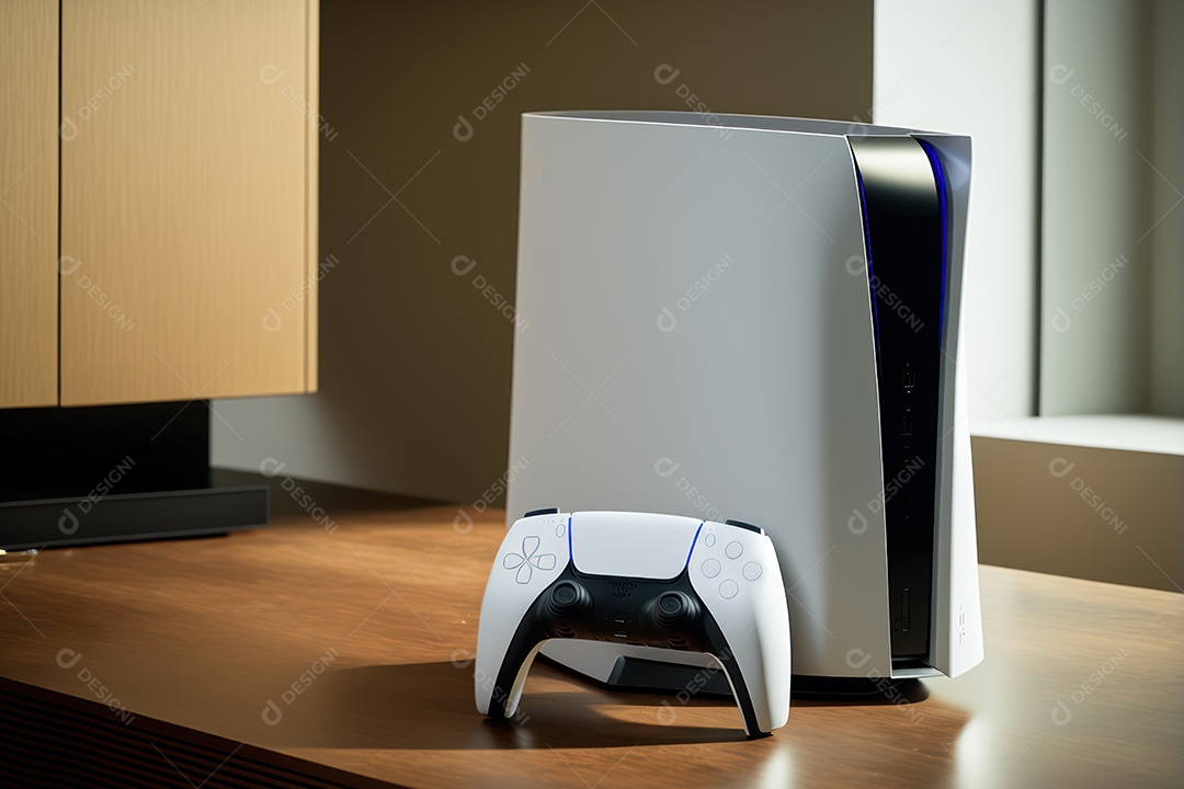 Console de videogame e controlador de videogame Joystick sem fio de nova geração na mesa na sala. renderização 3D