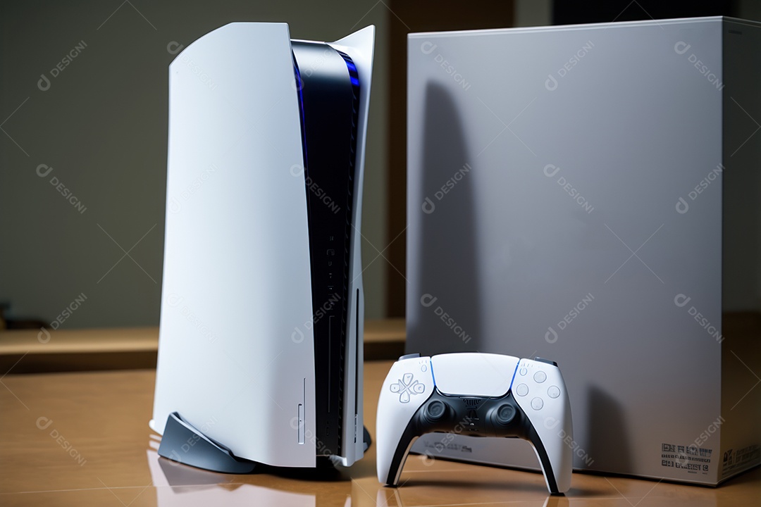 Console de videogame e controlador de videogame Joystick sem fio de nova geração na mesa na sala. renderização 3D