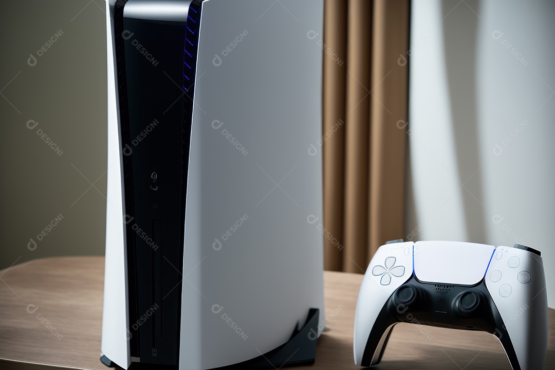 Console de videogame e controlador de videogame Joystick sem fio de nova geração na mesa na sala. renderização 3D