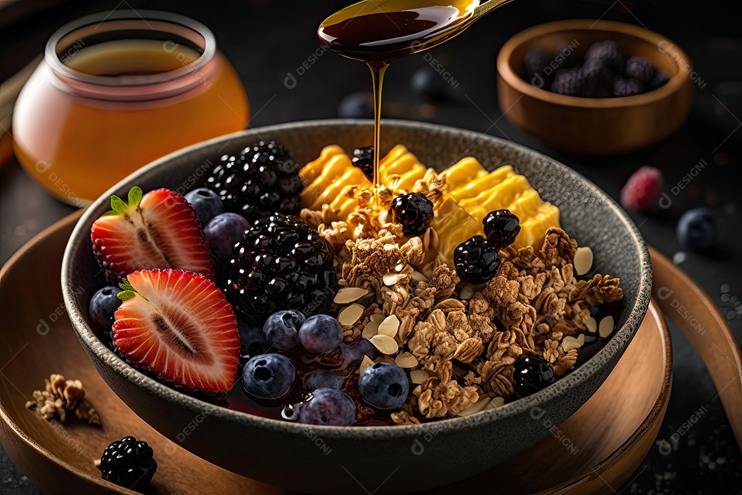 Tigela de açaí com granola, frutas frescas e um fiozinho de mel