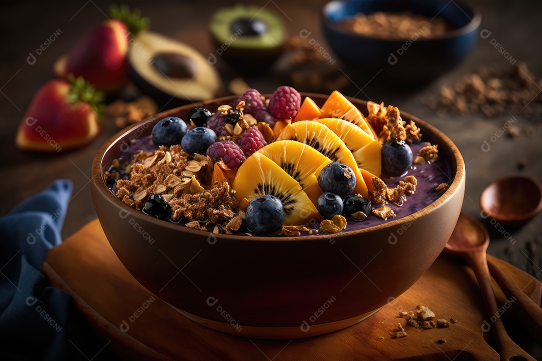 Tigela de açaí com granola, frutas frescas e um fiozinho de mel