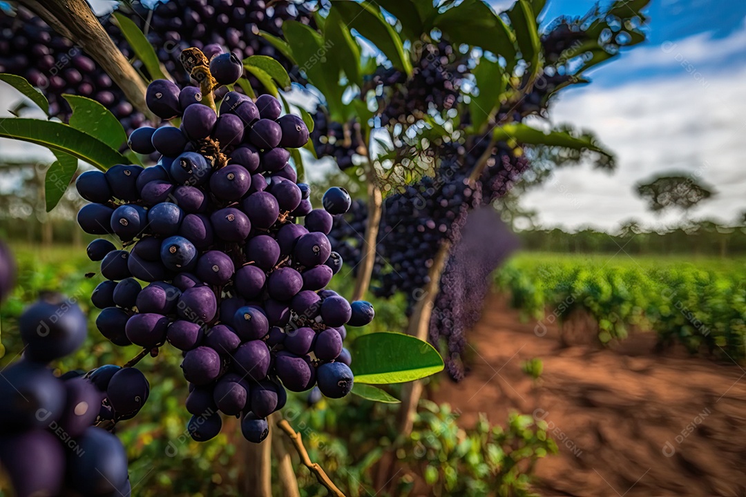 Campo de açaí com cachos maduros pendurados nas árvores