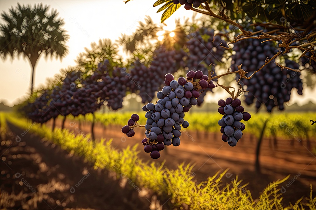 Campo de açaí com cachos maduros pendurados nas árvores