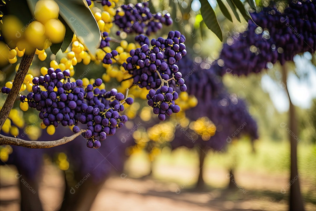 Campo de açaí com cachos maduros pendurados nas árvores