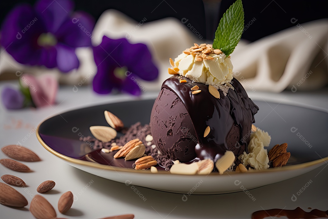 Sorvete de açaí com calda de chocolate e amêndoas crocantes