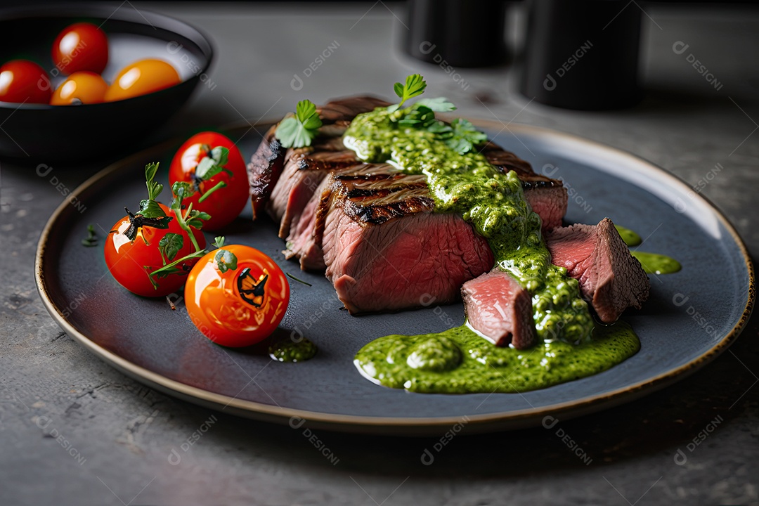Bife do lombo cozido à moda argentina, com chimichurri verde