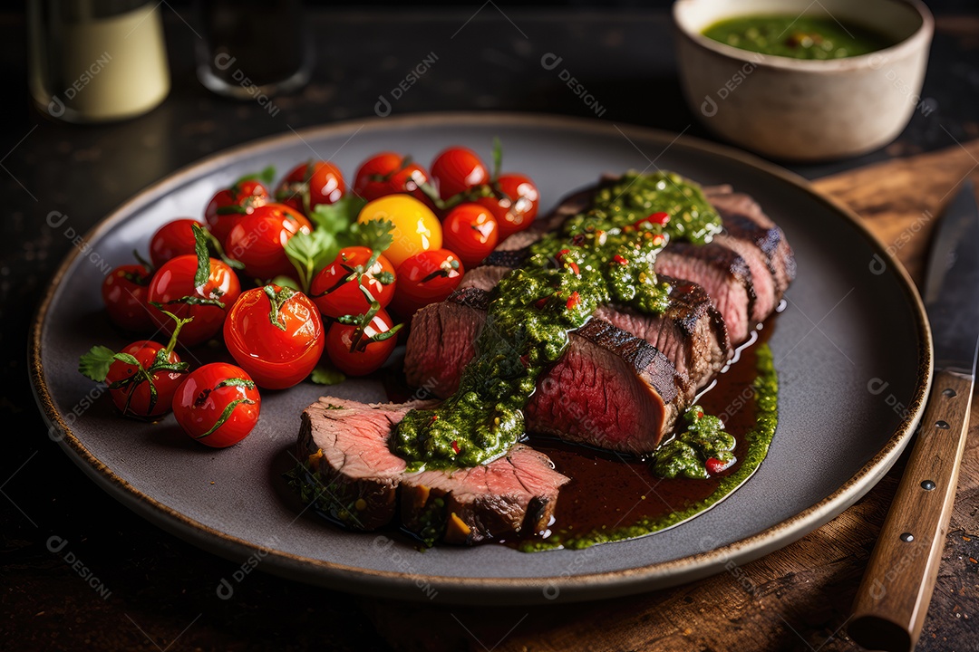 Bife do lombo cozido à moda argentina, com chimichurri verde