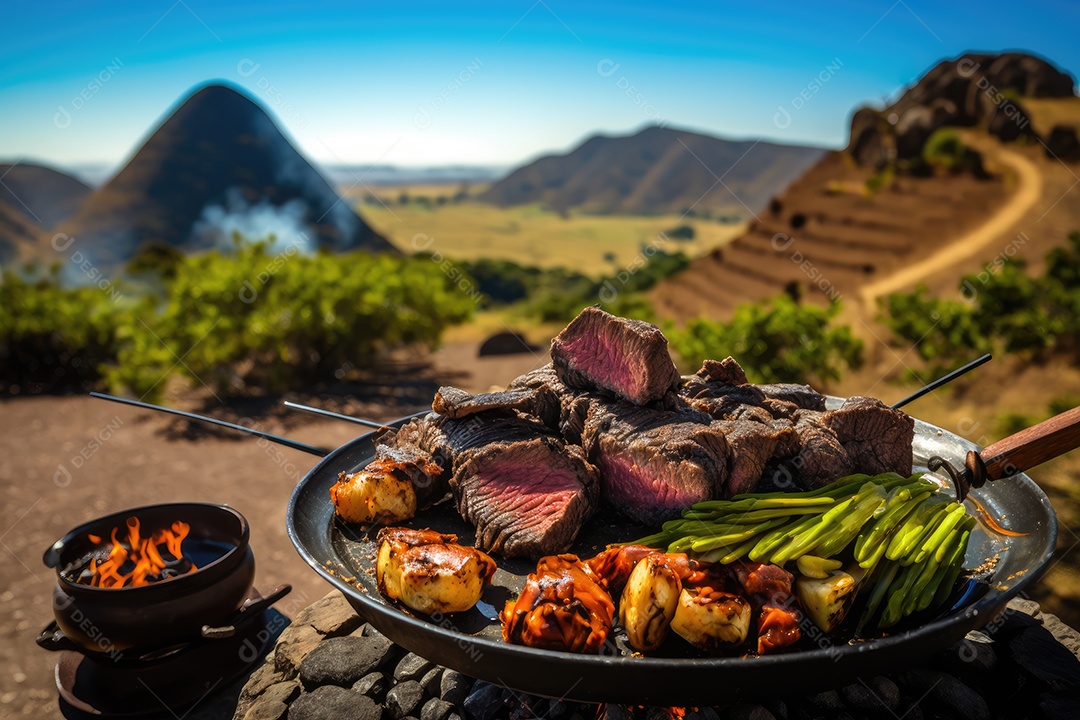 Suculento bife do lombo cozido na churrasqueira ao ar livre, com peça