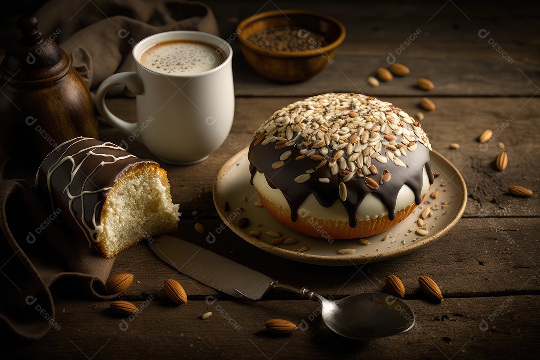 Rosquinha gigante recheada com creme de baunilha e coberta com chocolate