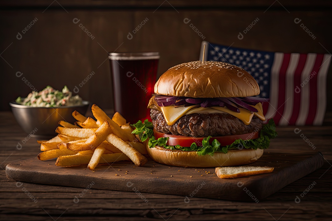 Hambúrguer clássico americano e batatas fritas em uma mesa de madeira