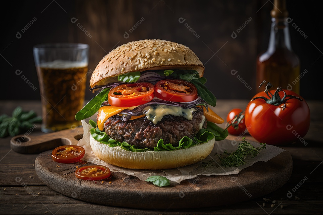 Hambúrguer gourmet com tomates frescos e cebolas caramelizadas