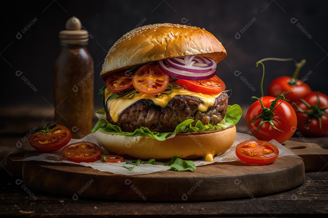 Hambúrguer gourmet com tomates frescos e cebolas caramelizadas