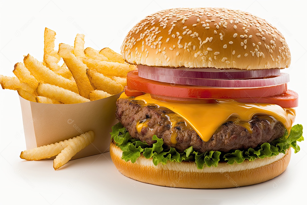 Hambúrguer clássico americano e batatas fritas, sobre um fundo branco