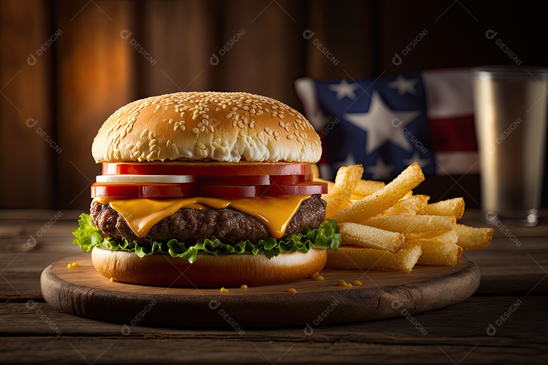 Hambúrguer clássico americano e batatas fritas em uma mesa de madeira