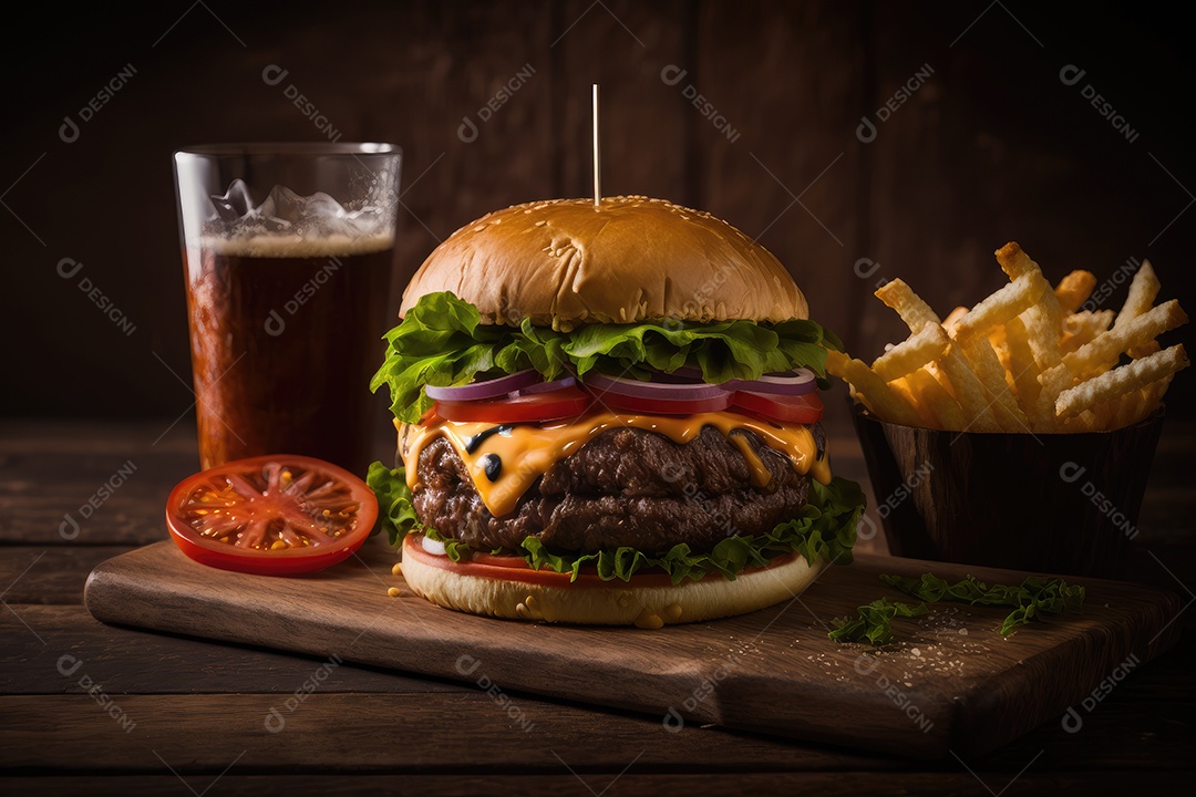 Hambúrguer clássico americano e batatas fritas em uma mesa de madeira