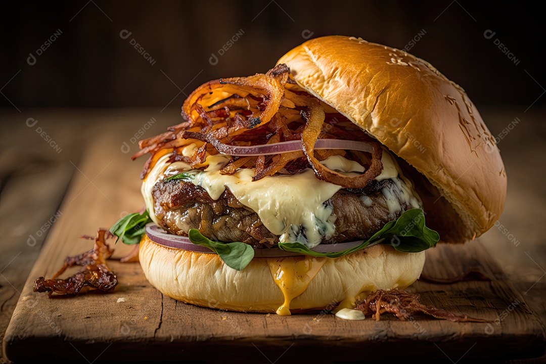 Hambúrguer clássico americano e batatas fritas em uma mesa de madeira