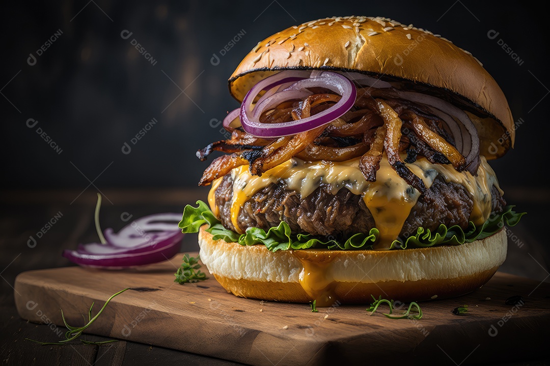 Hambúrguer gourmet com cebola caramelizada em pão artesanal