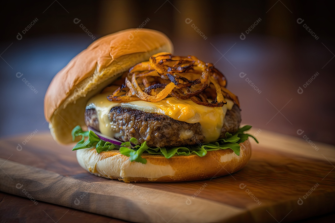 Hambúrguer gourmet com cebola caramelizada em pão artesanal