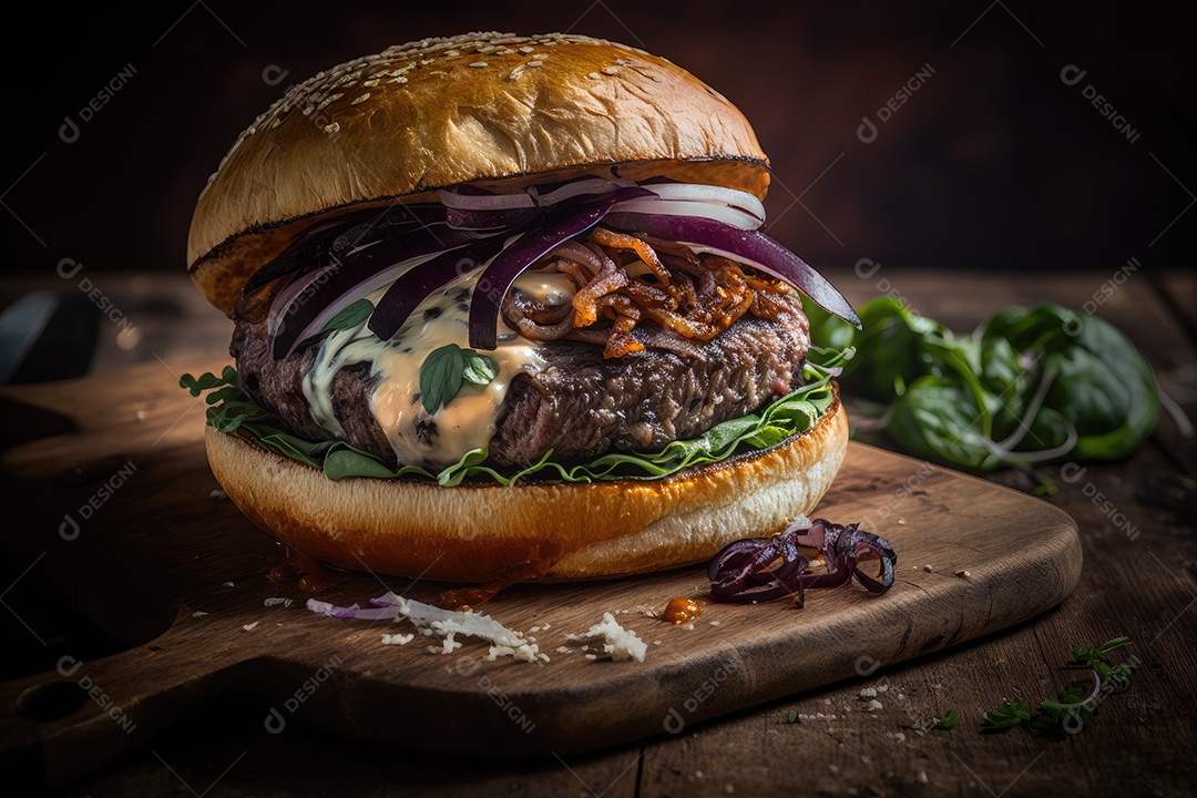 Hambúrguer gourmet com cebola caramelizada em pão artesanal