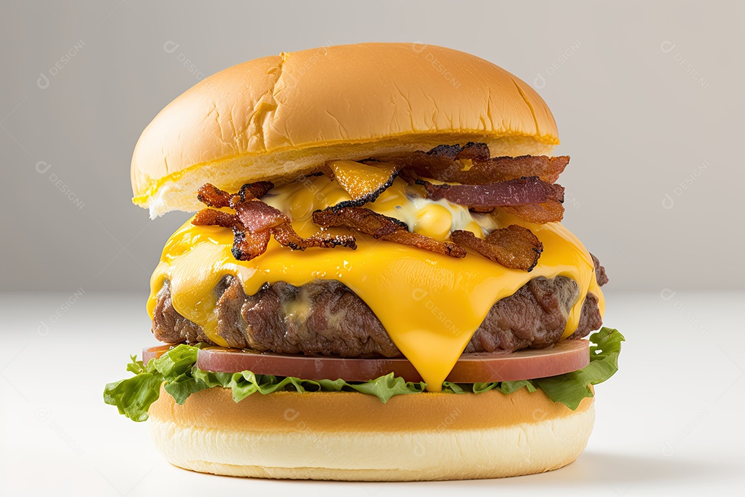 Hambúrguer suculento coberto com queijo derretido e bacon crocante