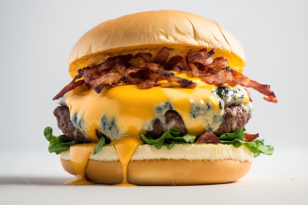 Hambúrguer suculento coberto com queijo derretido e bacon crocante