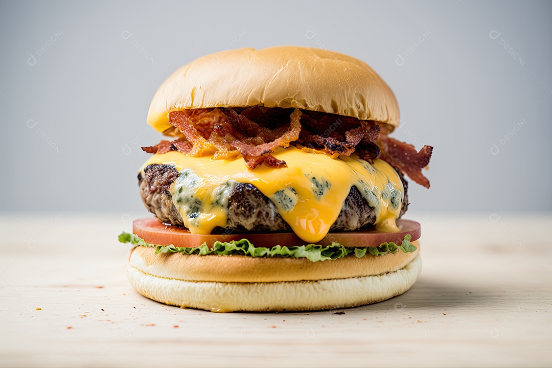 Hambúrguer suculento coberto com queijo derretido e bacon crocante