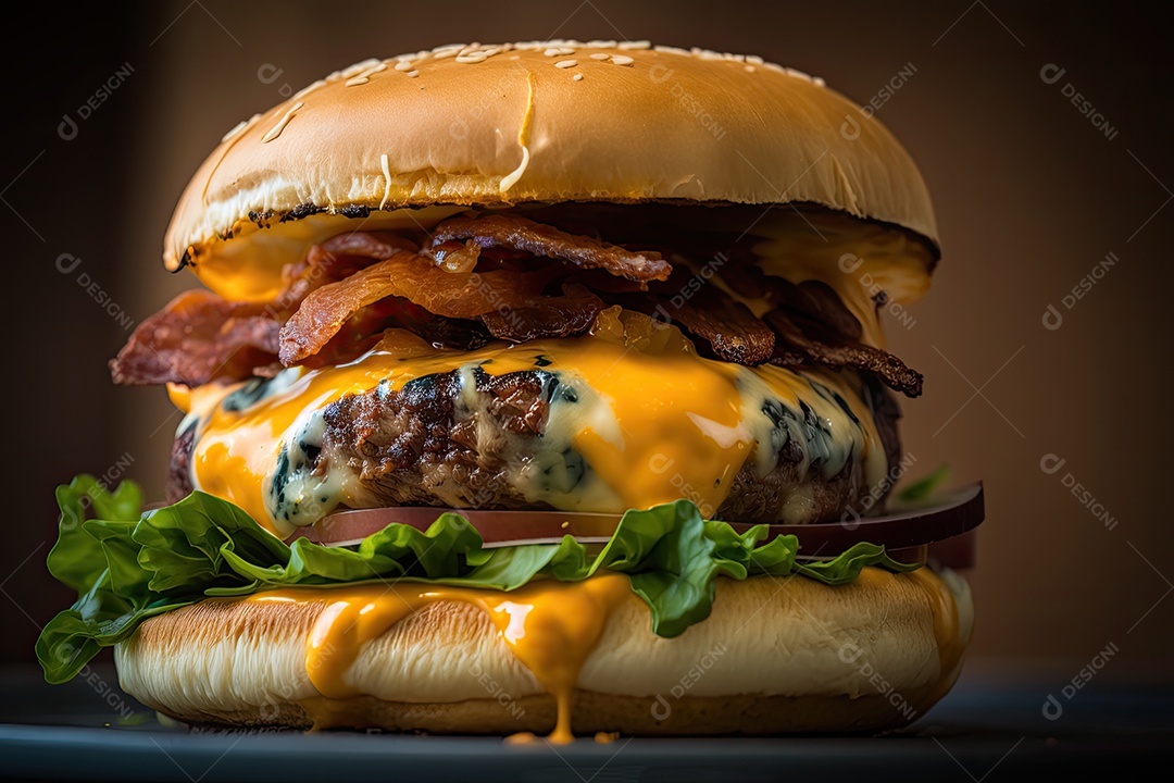 Hambúrguer suculento com queijo derretido e bacon crocante, IA generativa