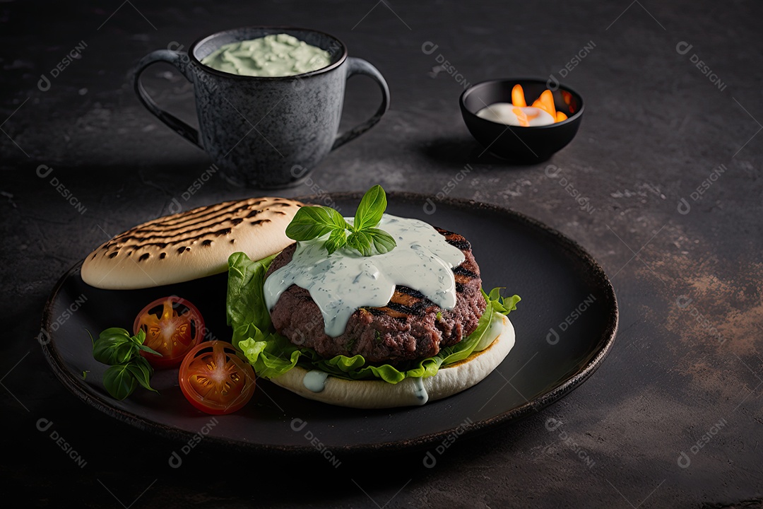 Hambúrguer de cordeiro com molho de iogurte em uma placa de cerâmica preta