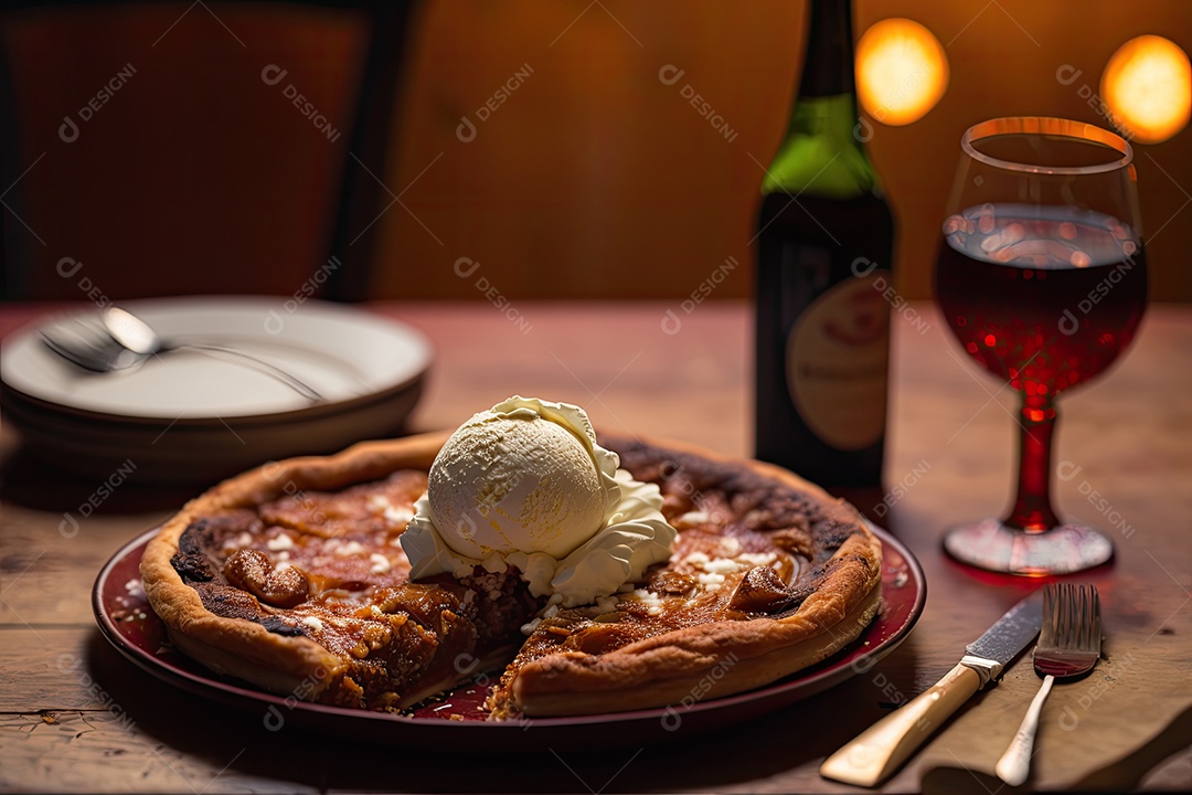 Pizza de maçã com canela e açúcar mascavo coberta com sorvete de baunilha