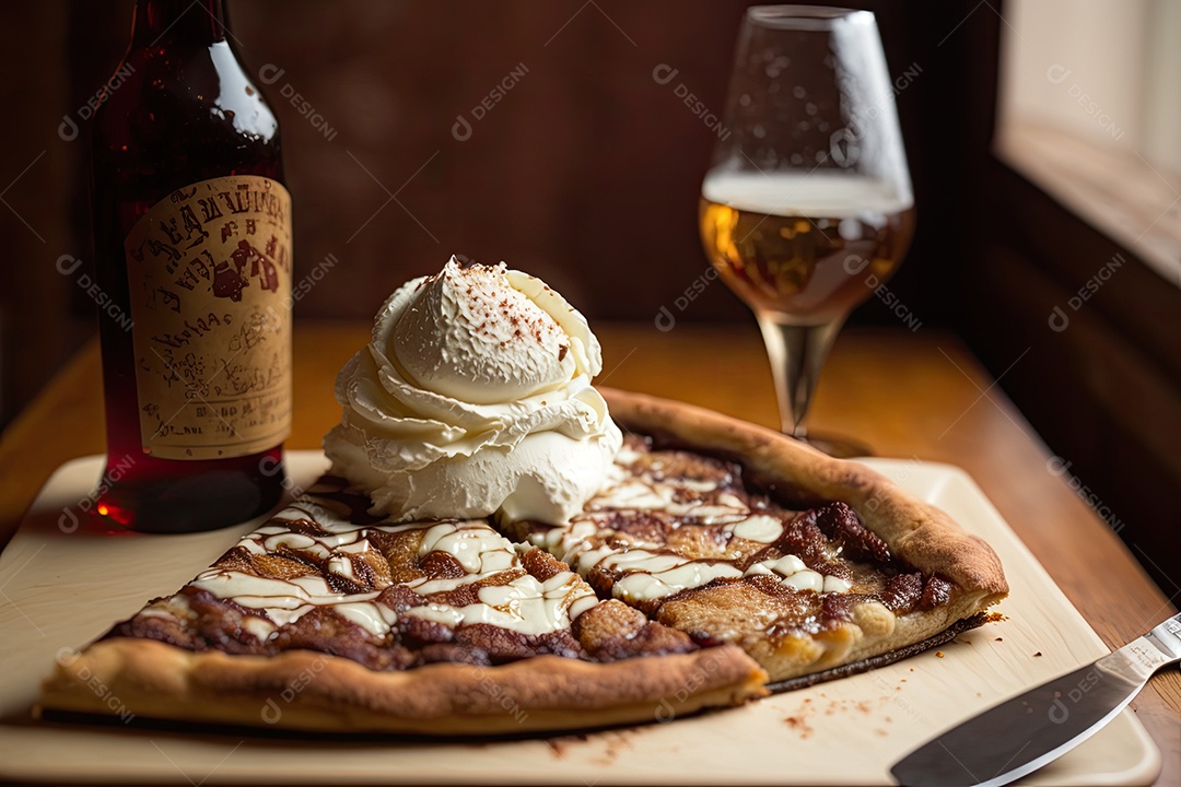 Pizza de maçã com canela e açúcar mascavo coberta com sorvete de baunilha