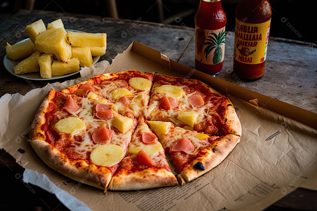 Pizza havaiana, com molho de tomate, mussarela