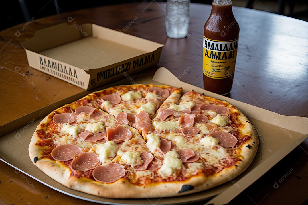 Pizza havaiana, com molho de tomate, mussarela, presunto