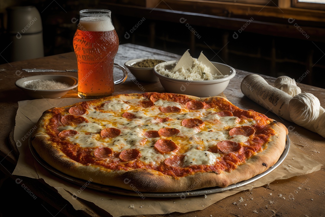Pizza de calabresa e cebola com molho de tomate caseiro e mussarela