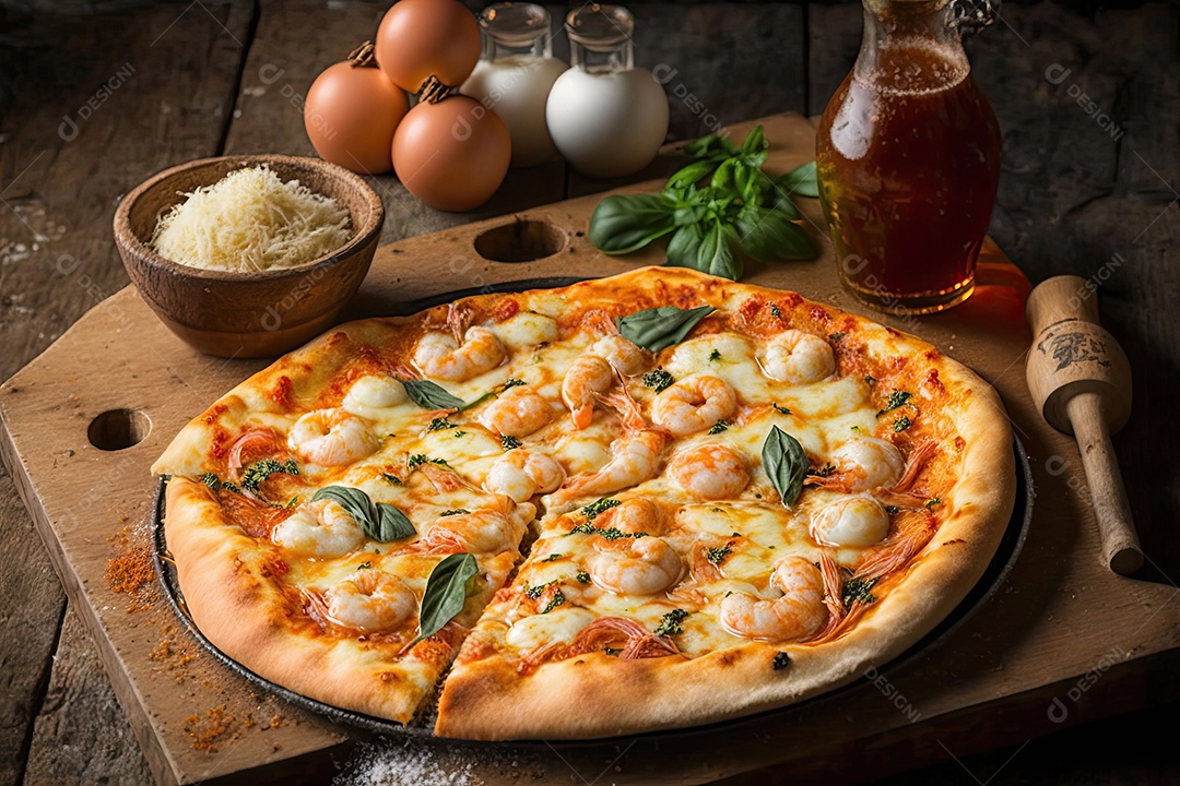 Pizza de camarão com catupiry, ao molho de tomate e muçarela